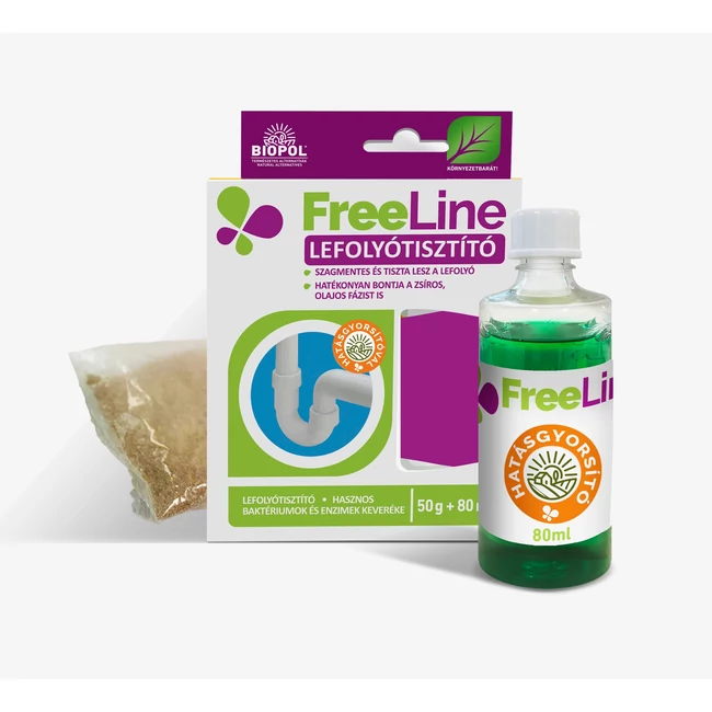 FreeLine enzimes lefolyótisztító, 50 g + 80 ml, baktériumos és környezetbarát megoldás szerves lerakódások ellen
