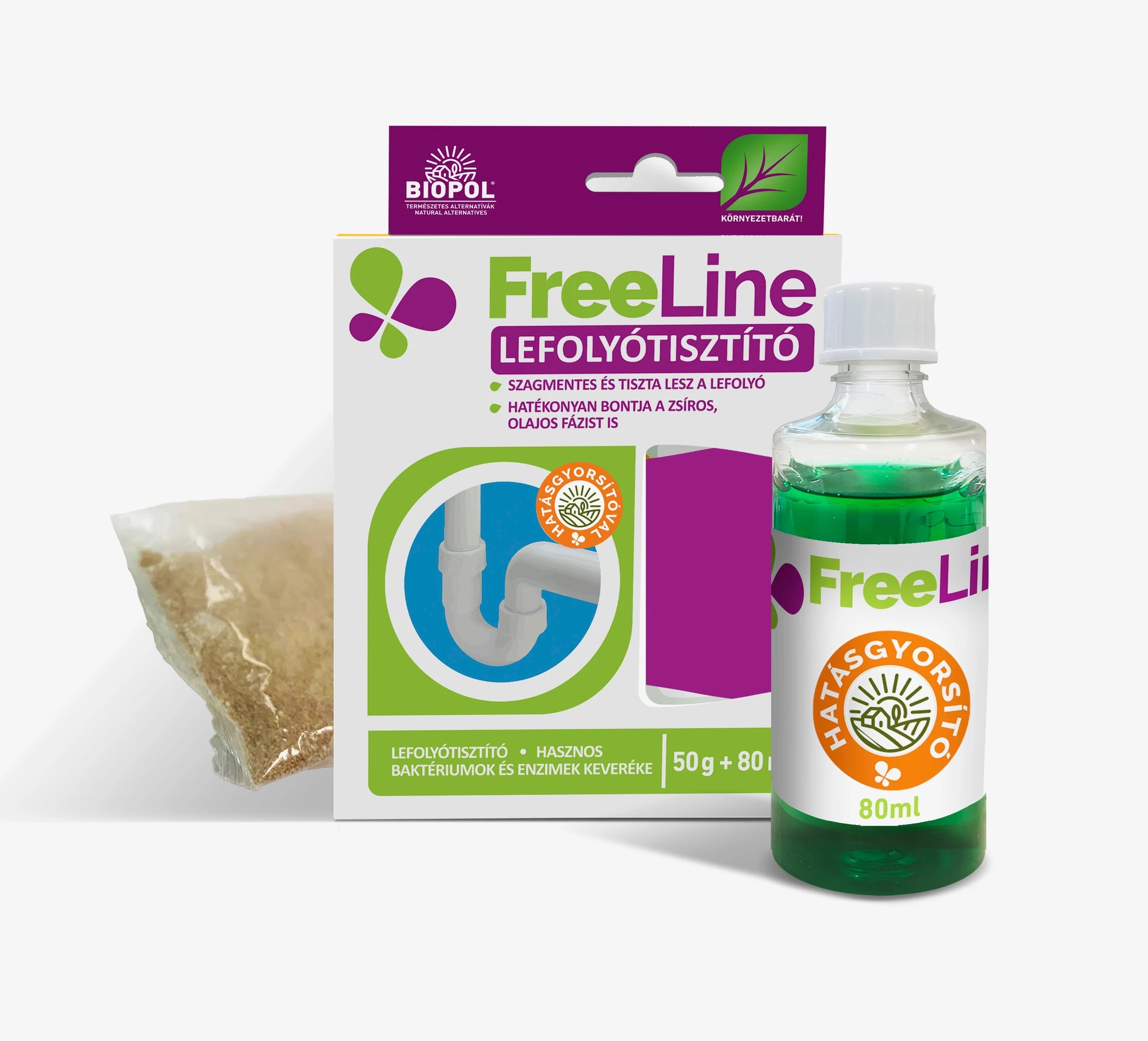 FreeLine enzimes lefolyótisztító – 50g + 80ml